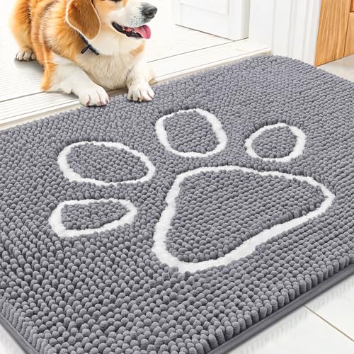 Image of Smiry Dog Door Mat for Muddy Paws, Absorbent Dirt Trapper Non Slip Quick Dry Washable Chenille Mat for Mud Dogs, Entry Rug for Indoor and Outdoor (30x20 Inches, Grey and White)
