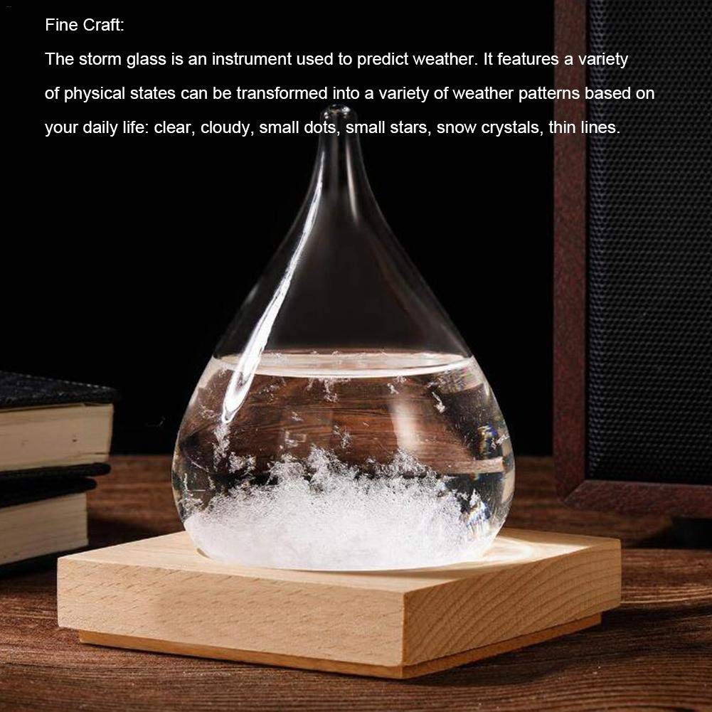 Weather Glass, for Home and Office Decor Glass Weather Forecaster Glass Barometer Weather Cone Shape Storm Glass Weather Forecast Wooden Tray Weather Station Fashion Weather Forecaster