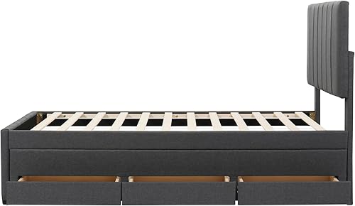 Miniatura 14 de SOFTSEA Cama de plataforma tapizada tamaño Queen con cajón de almacenamiento, marco de cama tapizado con cabecera con respaldo de alas, soporte de