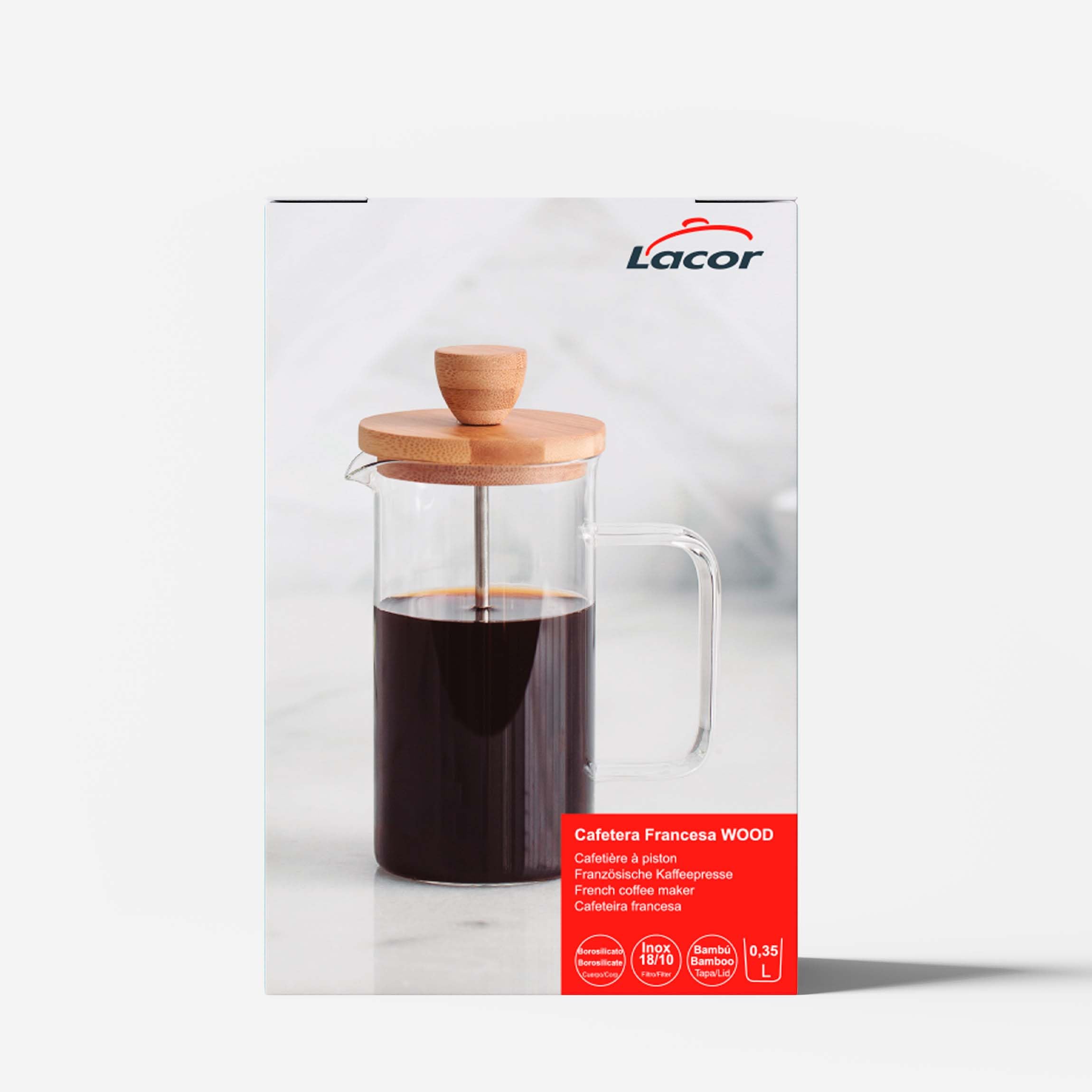 Lacor - Cafetière française, presse café, Cafetière presse avec mbole, Carafe française pour Café Filtre, 3 tasses, 0,35 L, acier et bois, 62163
