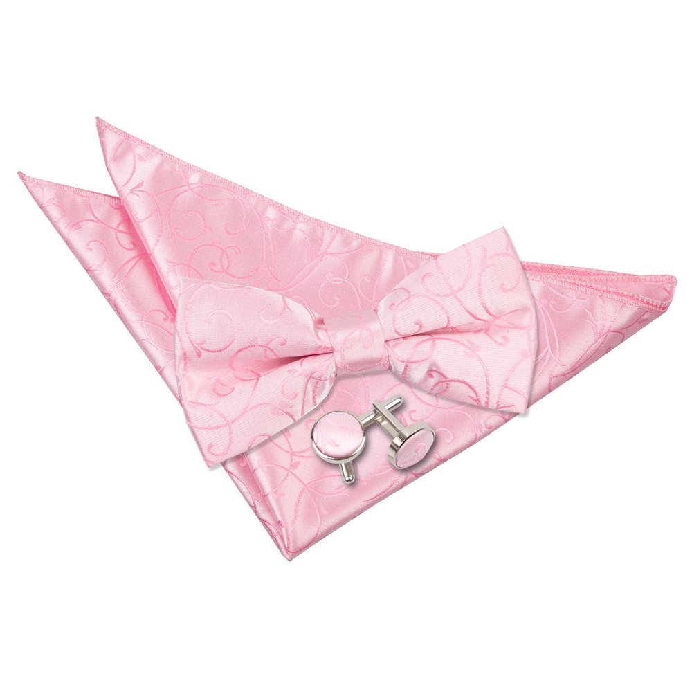 Dqt Men's Baby Pink Swirl Floral Pre-Tied Bow Tie Pocket Square & Cufflinks Set (3Pc) - Wedding, Business & Formal