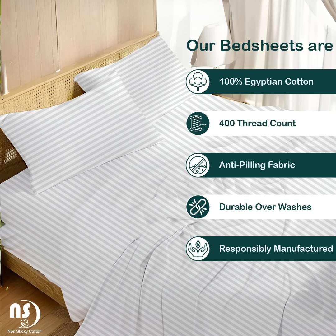 4 Piece Premium Sheet Set Cotton Queen, 100% Egyptian Cotton, 12 Inch Deep Pocket of Cotton Sheets, White Stripe