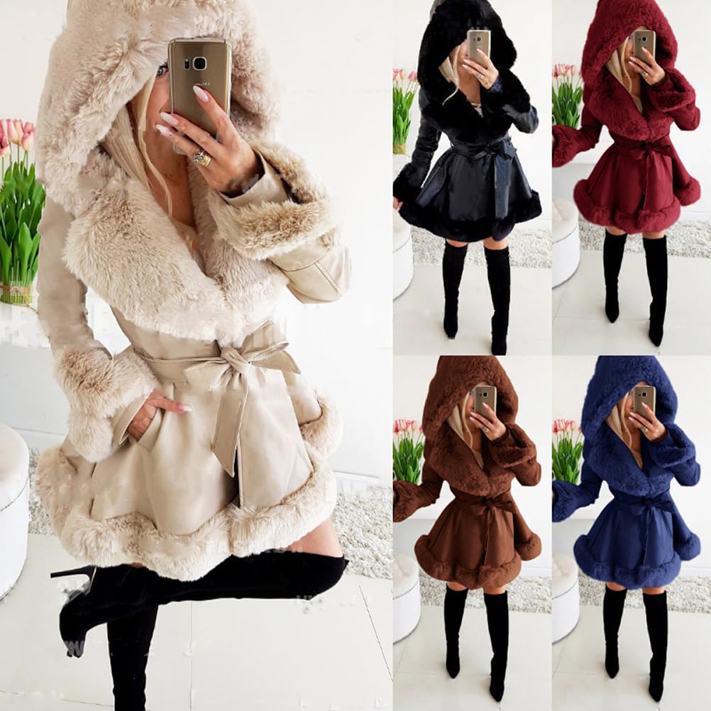 ORANDESIGNE Damen Kunstlederjacke Mantel Kurzer Parka Mantel mit Fellkragen Vorne offener Plüschkragen Warme Strickjacke Langer Trenchcoat mit Gürtel Outwear