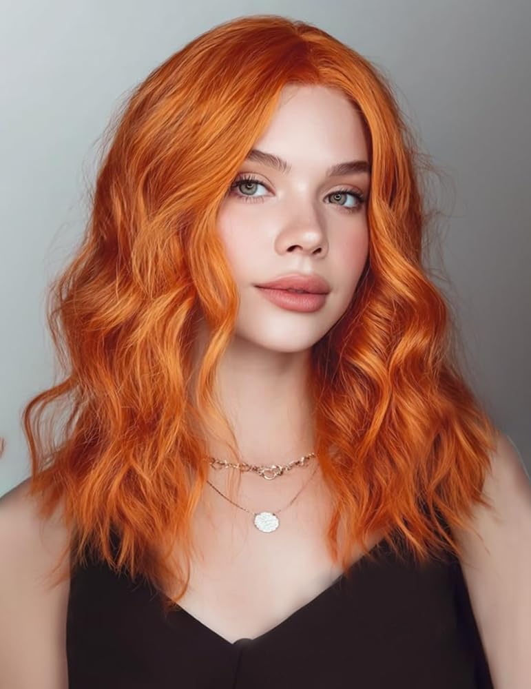 PORSMEER Natural Looking Wavy Curly Bob Hair Wigs for Women Shoulder Length Orange Full Wigs with Middle Part for Daily Use or Cosplay Party,14inch