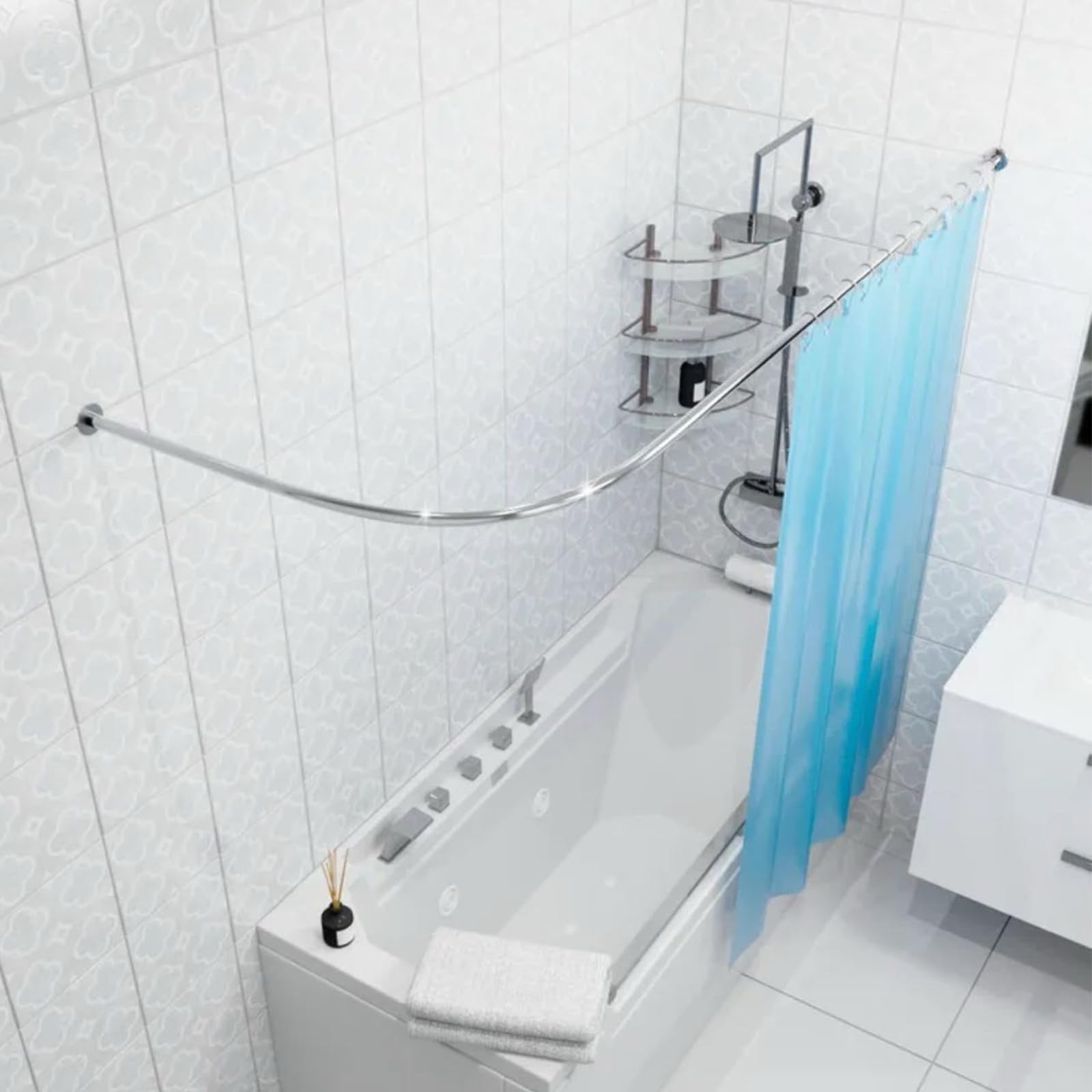 Barra de cortina de ducha extensible de acero inoxidable, diseño de esquina curvada, no requiere taladrar, ajustable de 150 a 180 cm y resistente, perfecta para baños modernos.