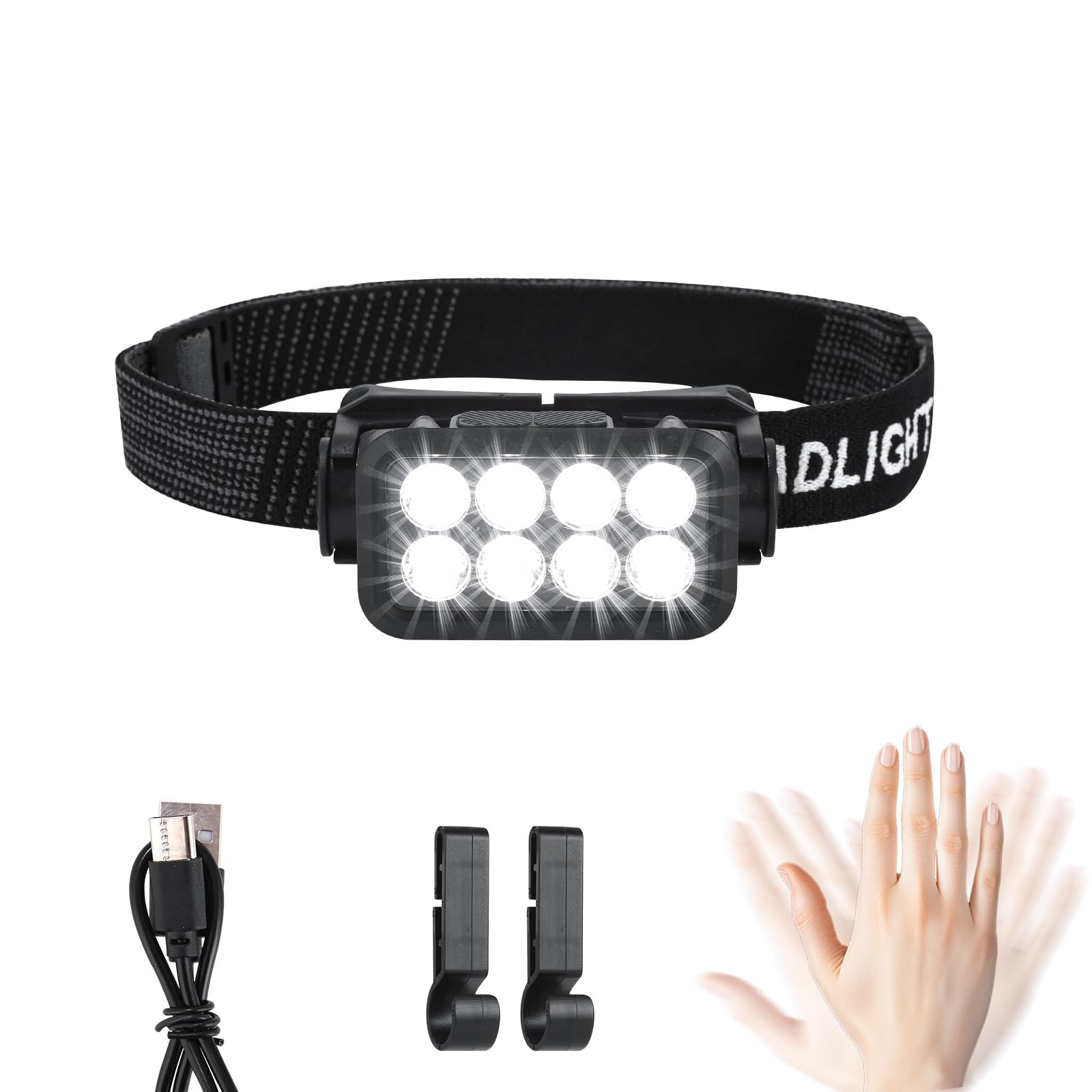 Lampada frontale a LED ricaricabile, 1 pezzo, super luminosa, 2500 lumen, 5 modalità di luce, leggera, IPX6, impermeabile, con sensore leggero, per esterni, campeggio, corsa, pesca, per bambini e