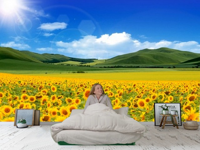 Mystic Walls MWZ2521 Sun Mountains Sunflowers Grass Clouds HD 3D