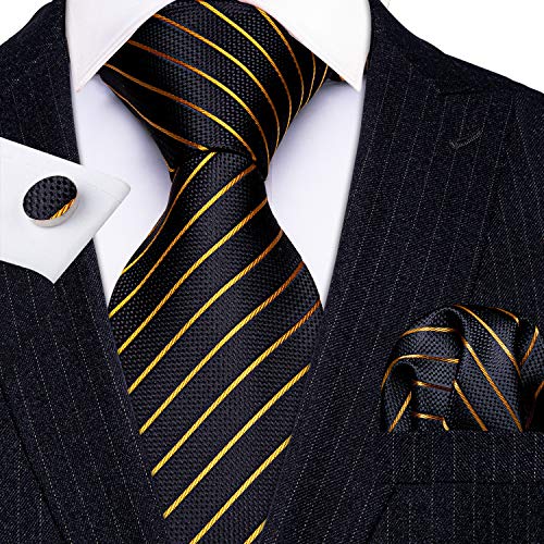 Image of Barry.Wang Tie Sets for Men Silk Stripe Necktie Woven Checkered Handkerchief Cufflinks Formal Business Wedding