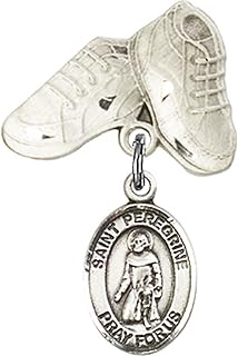 Sterling Silver Baby Badge with St. Peregrine Laziosi Charm and Baby Boots Pin 1 X 5/8 inches