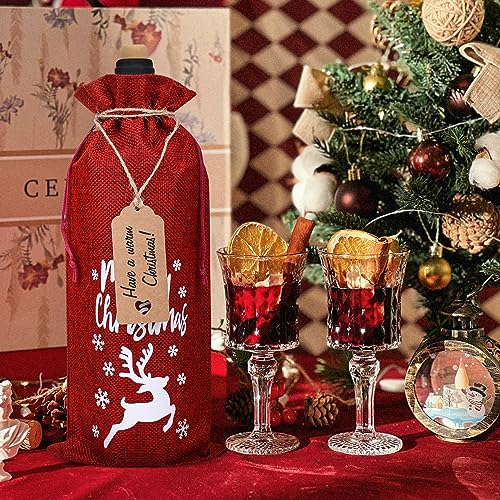 Image of Burlap Wine Bags 12 Pcs Christmas Wine Bottle Bags, Reusable Wine Gift Bags with Drawstrings Tags & Ropes for Christmas, Weddings, Holiday Party, Birthdays, Travel, Blind Tastings, Home Storage 750ml
