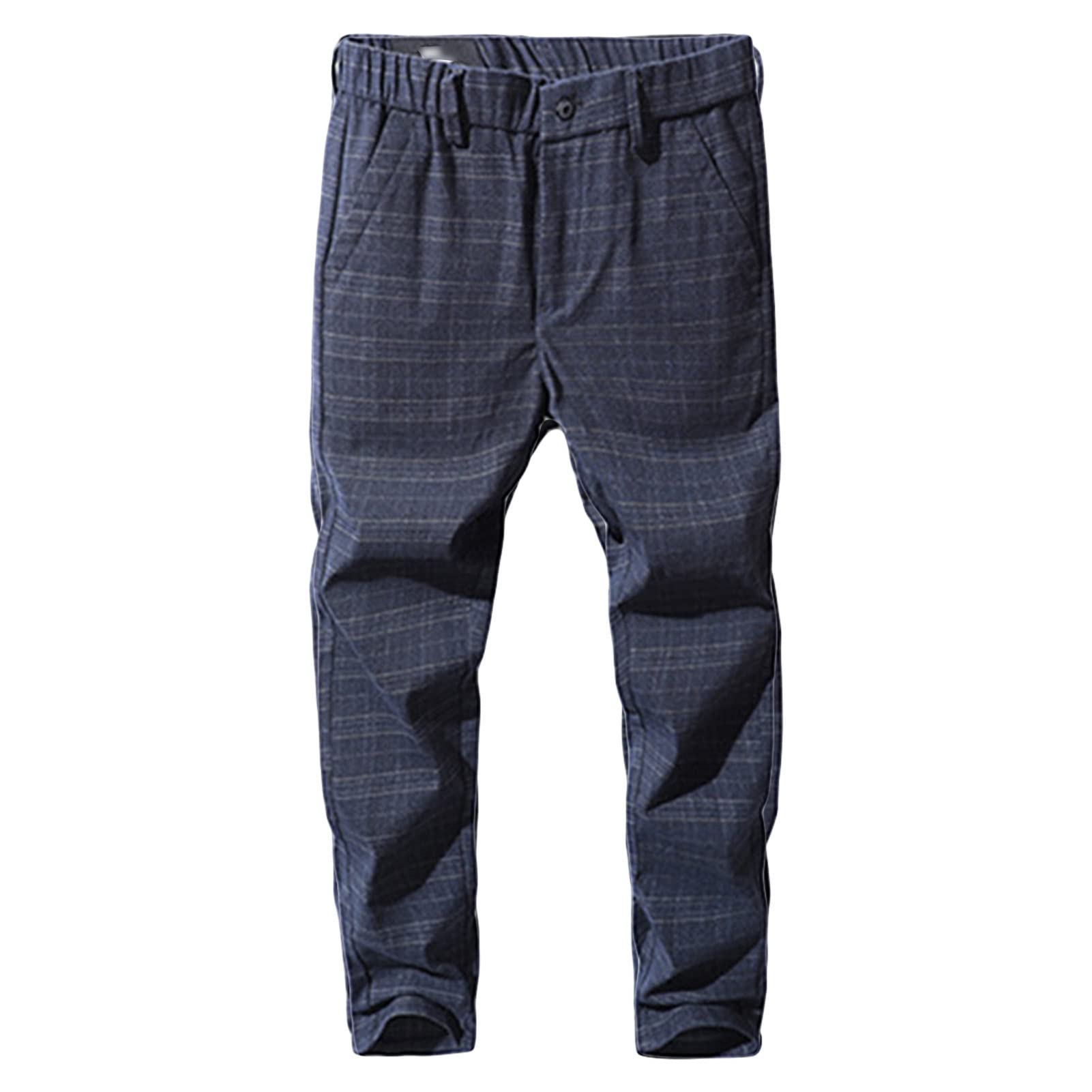 Men's Linen Stretch Comfort Pant Straight Fit Plaid Tapered Suit Pant Lightweight Slim Business Striped Trousers (Dark Blue,38)