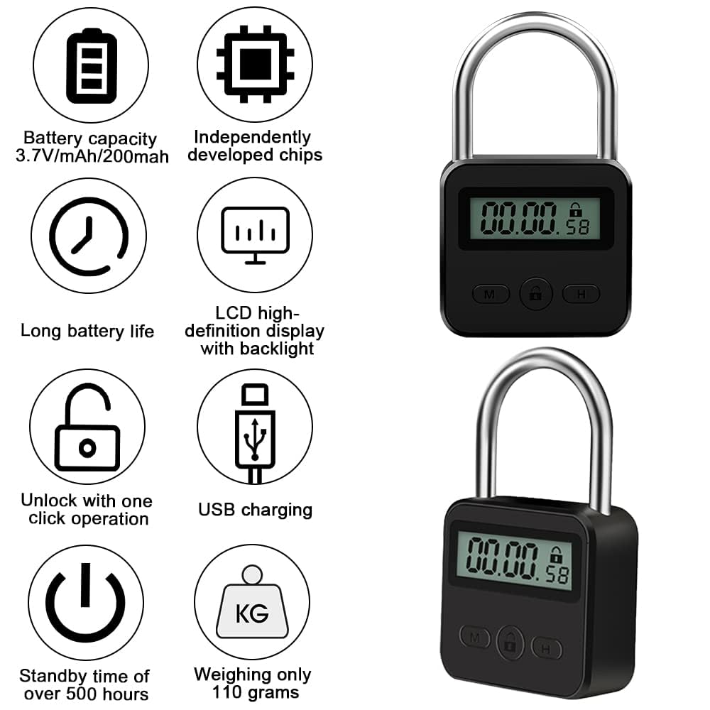 Verrouillage de temps intelligent, Smart Time Lock avec LCD Écran, minuterie électronique 99 heures maximum, cadenas de minuterie rechargeable USB pour Prévenir Les Mauvaises Habitudes (Noir)