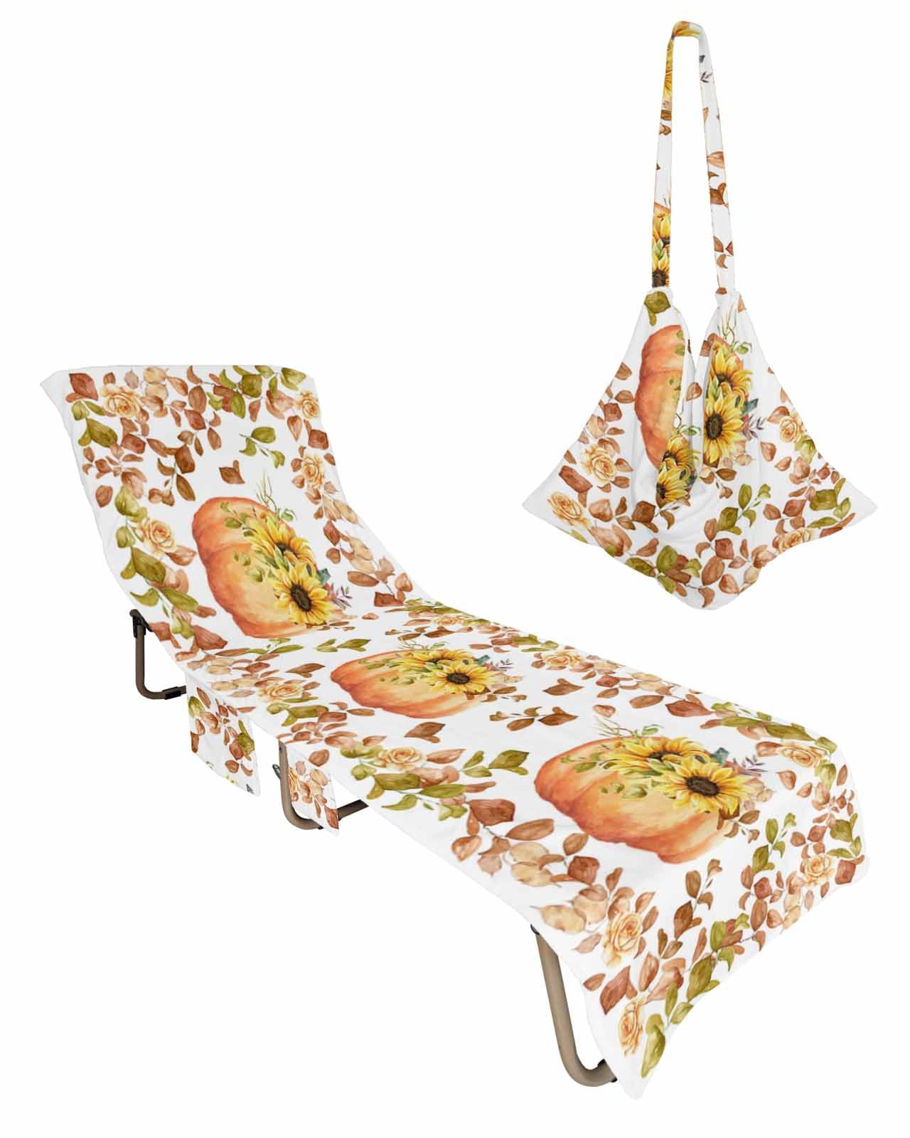 Leaves Pumpkin Beach Chair Towel Covers for Chaise Lounge with Side Pocket, Soft Plush Pool Towels Cover for Patio Sunbathing Outdoor 29''x85'' Fall Maple Thanksgiving Autumn White