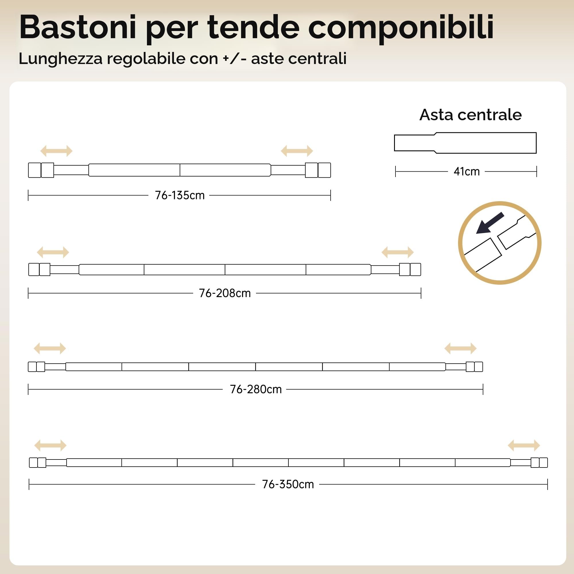 Bastoni per tende allungabili 76-135 cm diametro 19 mm regolabili con venature del legno terminali per tende con occhielli