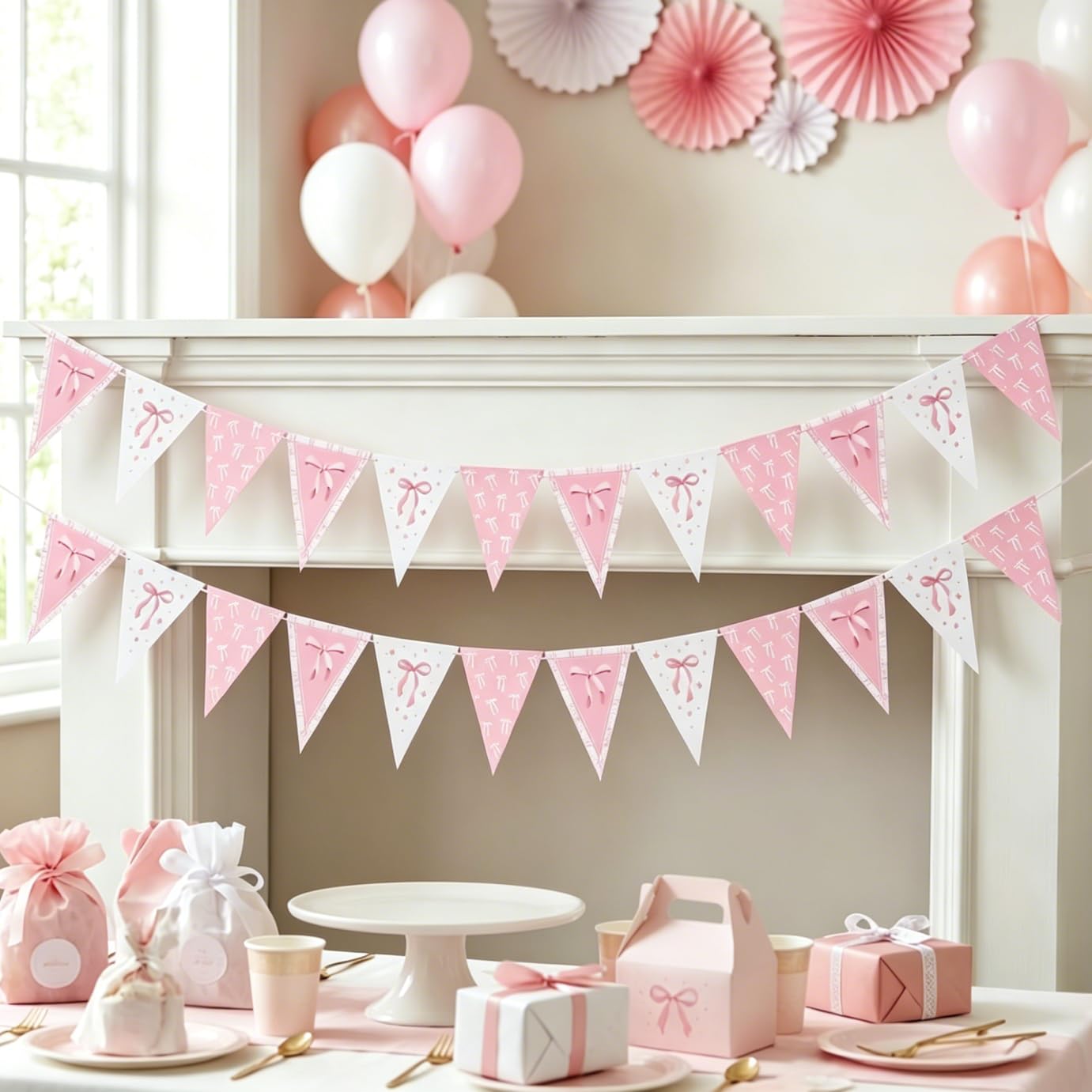Coquette Pink Bow Garland Banner Birthday Engagement Bridal Shower Decor