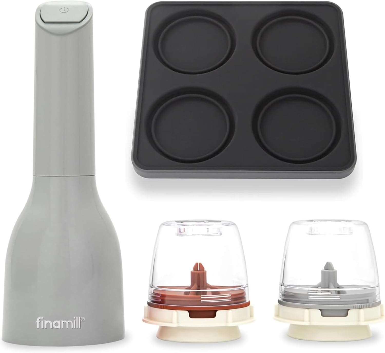 FinaMill Classic Battery Spice Mill Bundle with Slate Quartet Stackable Tray – One-Handed Grinder with Interchangeable Pods & Space-Saving Spice Organizer - Valentines Day Gifts for Food Lovers