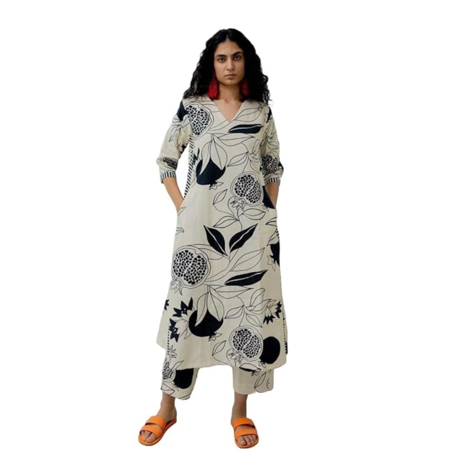 Lee Womens Printed Rayon Blend Kurti with Trousers & Multi-Colored Dupatta | A-Line Calf-Length Kurta Set | V-Neck | 3/4 Sleeves in multi
