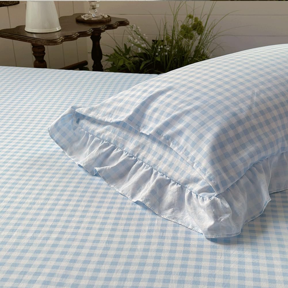 NSNLGSGC Light Blue Ruffled Plaid Gingham Standard Size Pillow Shams 20"x26", Set of 2 Checked Pre-Washed Microfiber Farmhouse Pillowcases for Bed/Sofa (20"x26", Light Blue Gingham)