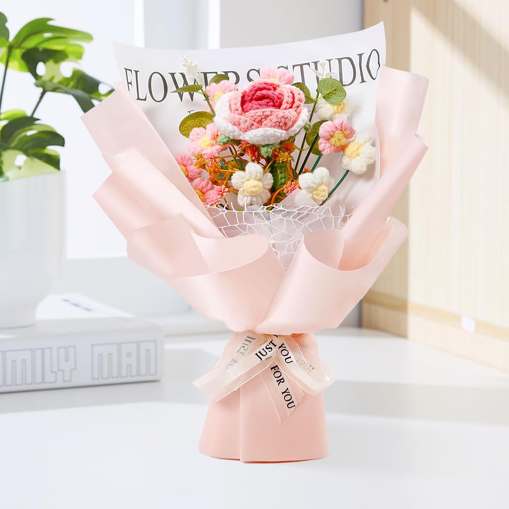 HASTHIP® DIY Handmade Crochet Flower Bouquet Gift Lovely Color Crochet Flowers Bouquet Gift for Girls Home Decor Gift for Mother-image-39
