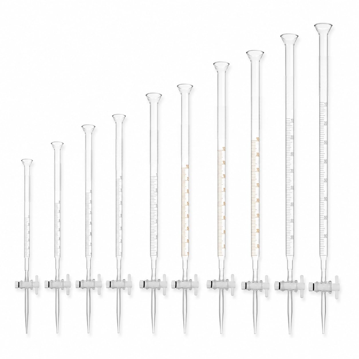 Universal-Glasbürette mit Trichter-Rand und PTFE-Hahn-50mL/0.1 | Universal-Glasbürette mit Trichter-Rand und PTFE-Ventil für Säure und Alkali