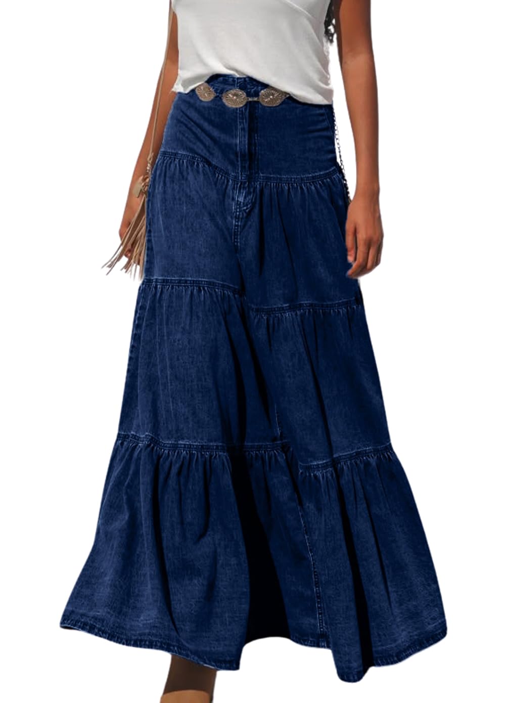 Falda de Mezclilla Maxi Informal con gradas de una línea para Mujer Falda Larga de Mezclilla Boho Plisada con Columpio Fluido