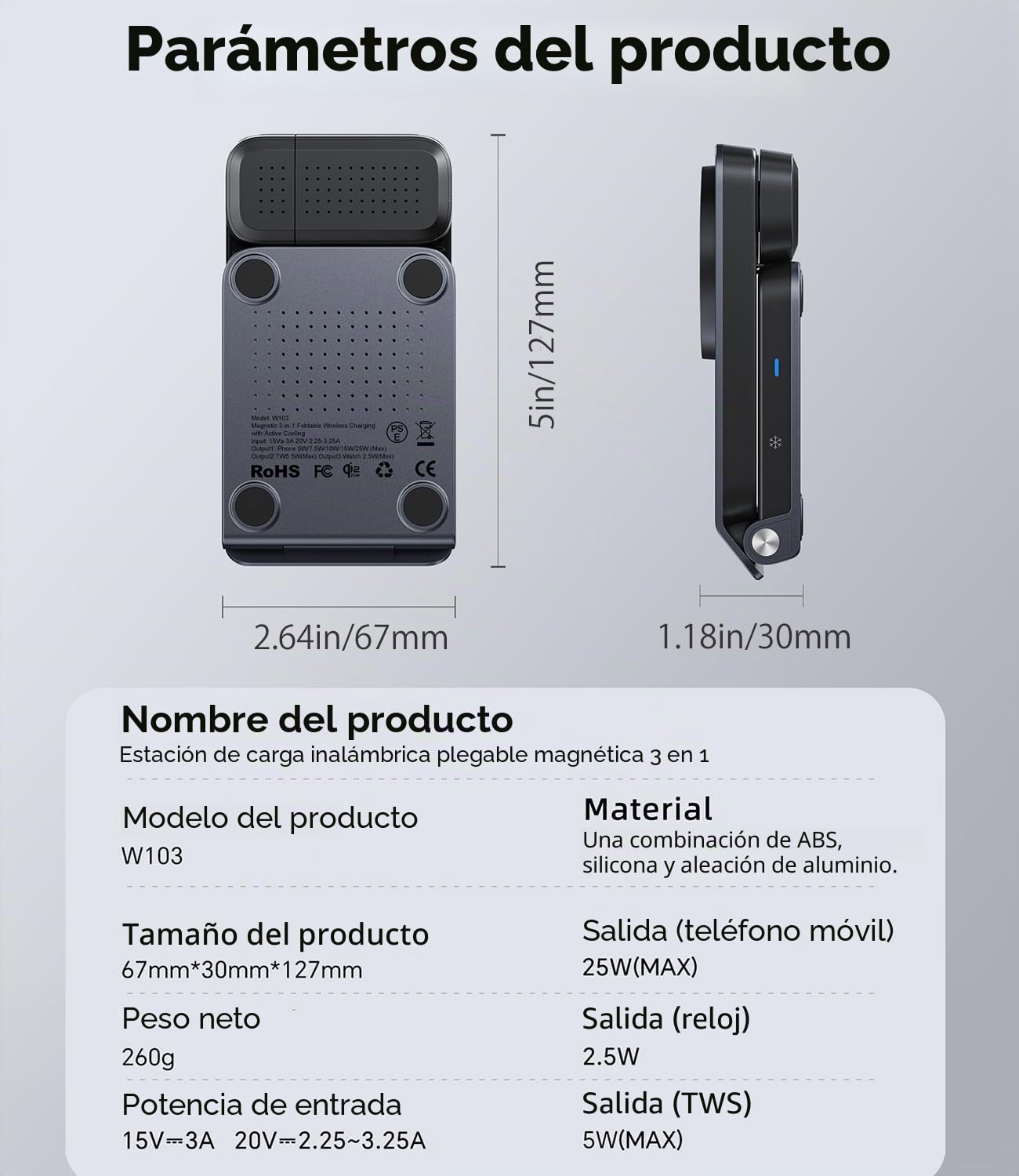 Koolehaoda Qi2.2 25W 3 en 1 Cargador Inalámbrico Rápida for Apple mag-Safe | Estación de Carga Magnética Equipado con Refrigeración TEC, para iPhone 17-12 Series/ S26 Ultra/Pixel 10/ iWatch/AirPods