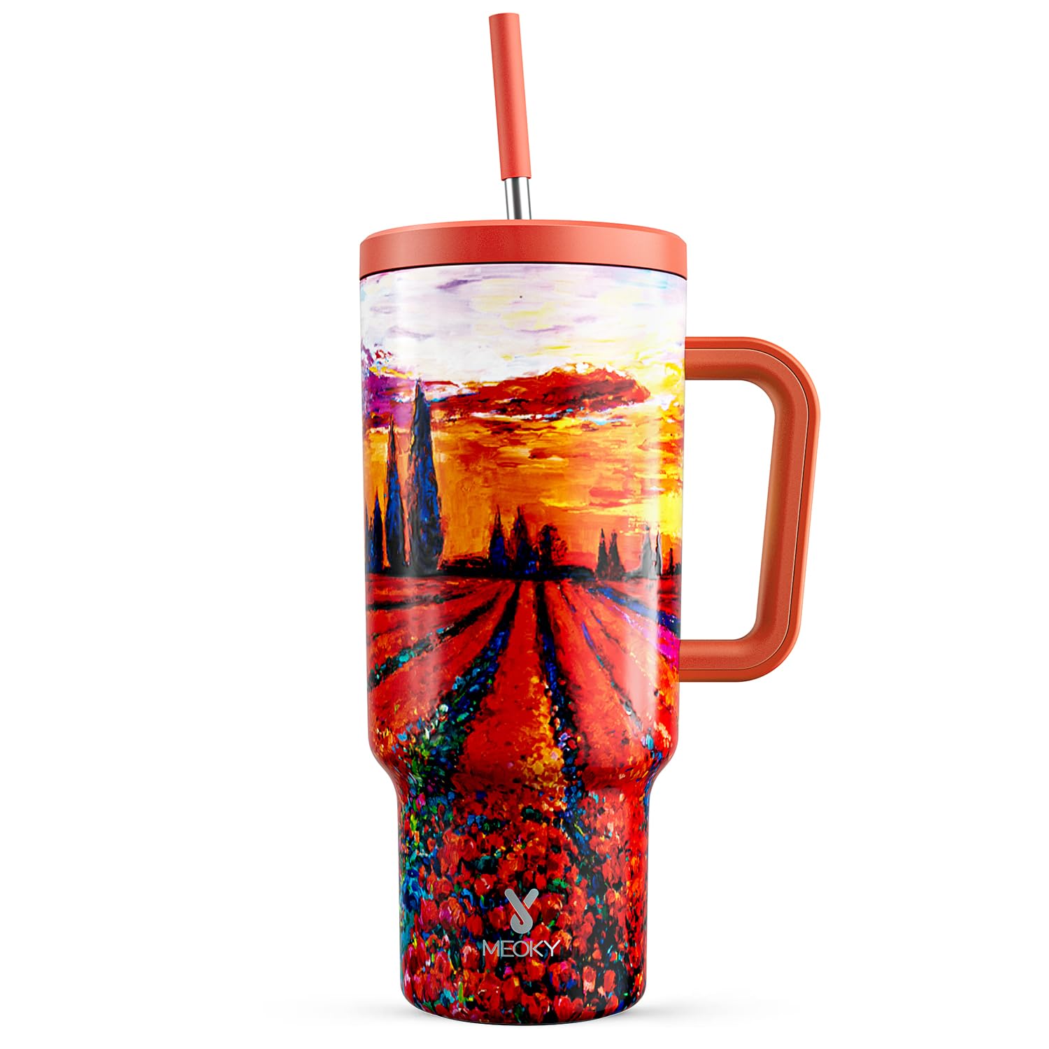 Meoky 40 oz Tumbler with Handle and Straw: Stainless Steel Insulated Tumbler with Lid and Straw - 100% Leak Proof Tumbler for Car Cup Holders - Travelers Commuters Workers, Red Floral