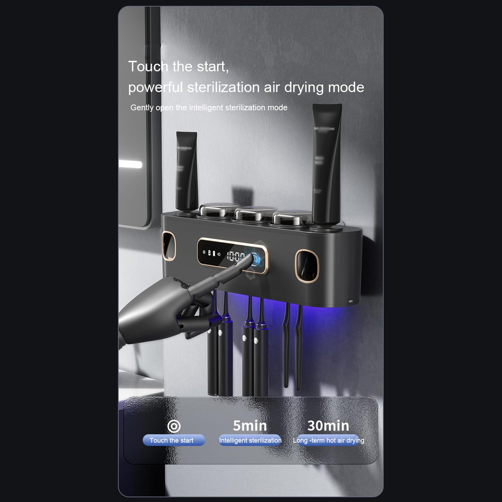 Cepillo de dientes inteligente Uv esterilización eléctrica montado en la pared portavasos de cepillado secado multifunción para accesorios organizadores de baño,Black