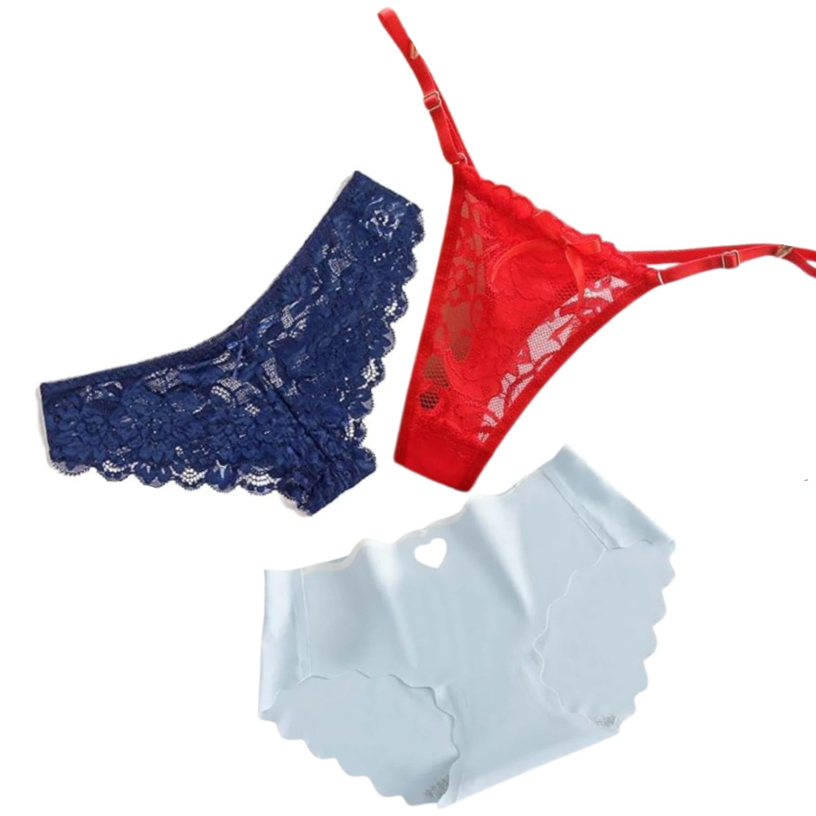 vikimo Women's Lace & Ice Silk Panty Set - Floral Net Bikini, Adjustable Strap Thong & Seamless Heart Design Briefs - (Pack of -3)-picture-50