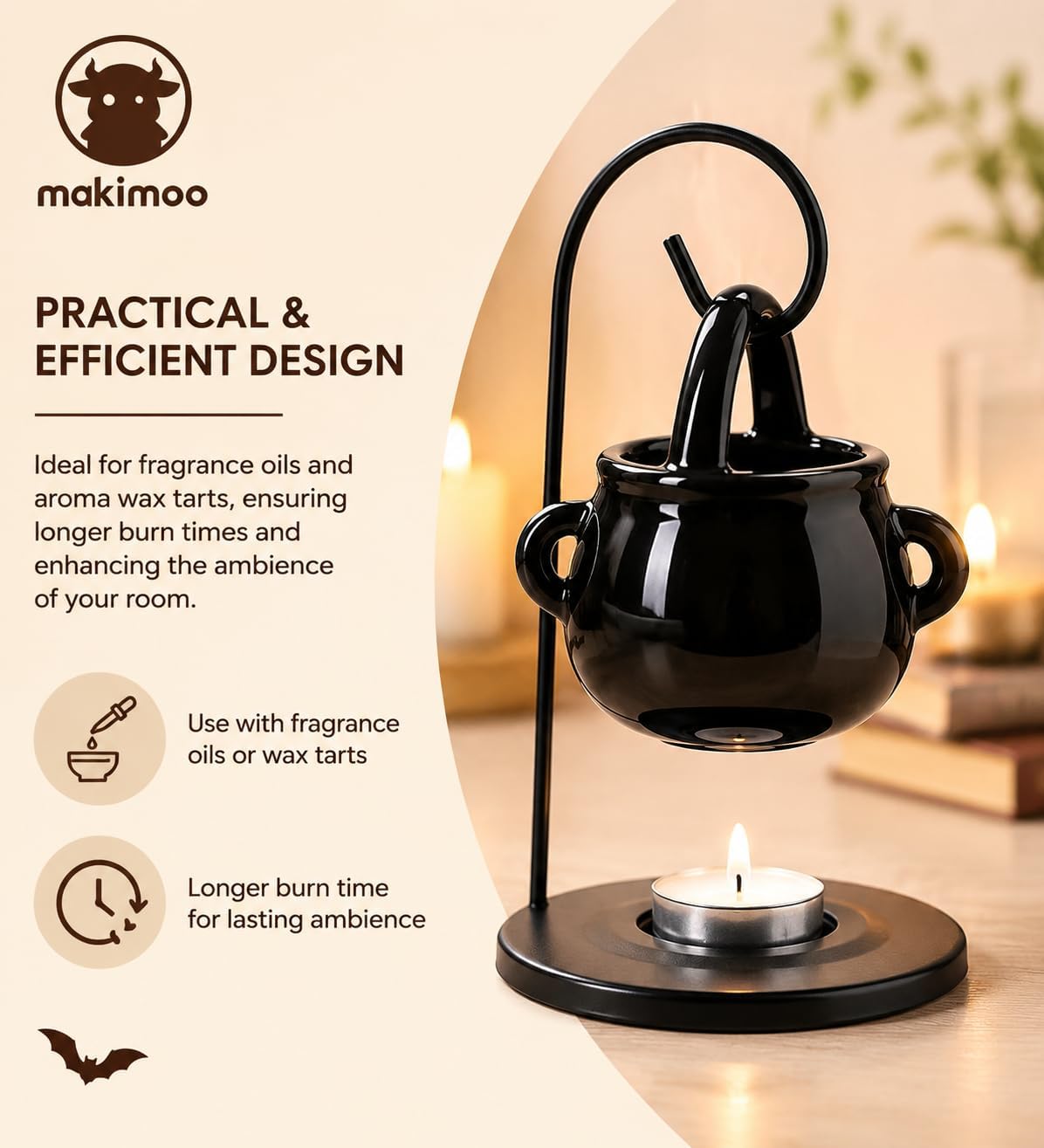 Hanging Pagan Cauldron Oil Burner, Black Wax Warmer Aroma Diffuser, with Handle, for Essential Fragrance Wax Melts, Enchanting Witches' Home Decor Element.