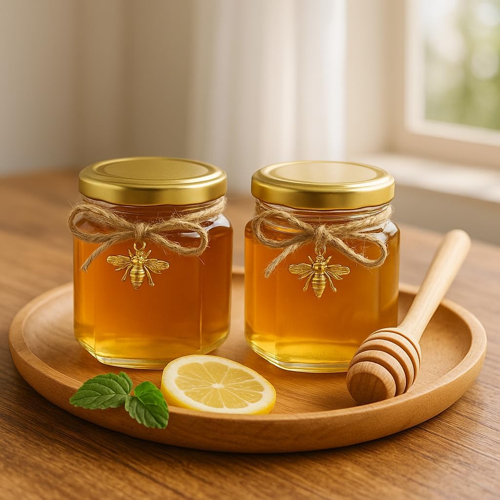 50 Pack 1.5 oz Hexagonal Glass Honey Jars in Bulk with Wooden Dipper Bee Charms Thank You Cards Burlap Fabric Twine String for Baby Shower Wedding Party Favors Gifts