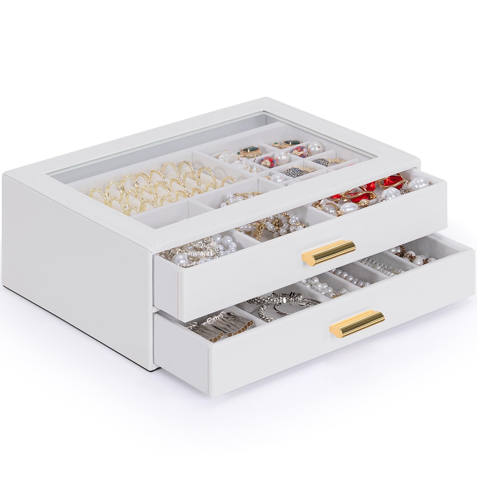 AKOZLIN Jewelry Box with Clear Lid Functional Leather Jewelry Storage Organizer Case 2 Drawers for Women Girls Necklace