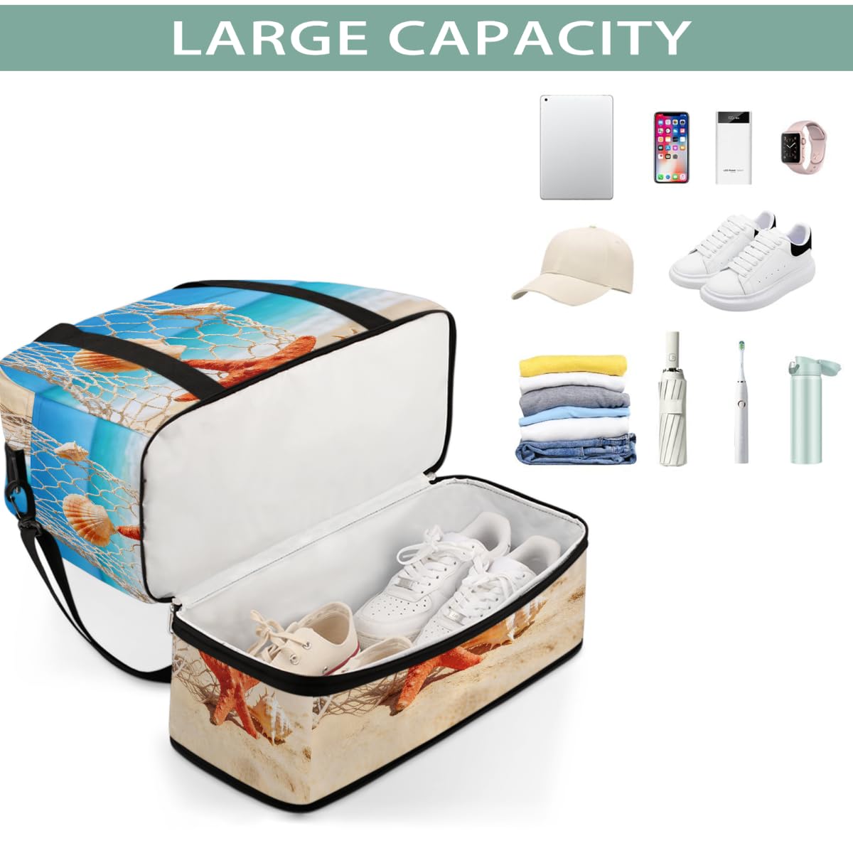 Borsone da viaggio pieghevole estivo da spiaggia, conchiglia, stella marina, borsa da palestra espandibile con scomparto per scarpe, borsa da weekend di grande capacità, borsa da portare a mano per