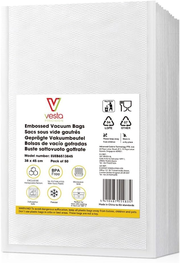 Vesta Precision Bolsas Vacío Alimentos para Cocinar y Envasar | Bolsas Gofradas para Todo Tipo de Envasadora al Vacío | Sin BPA, Aptas para Congelador, Microondas y Sous Vide | 38 x 45 cm, 50 Unidades