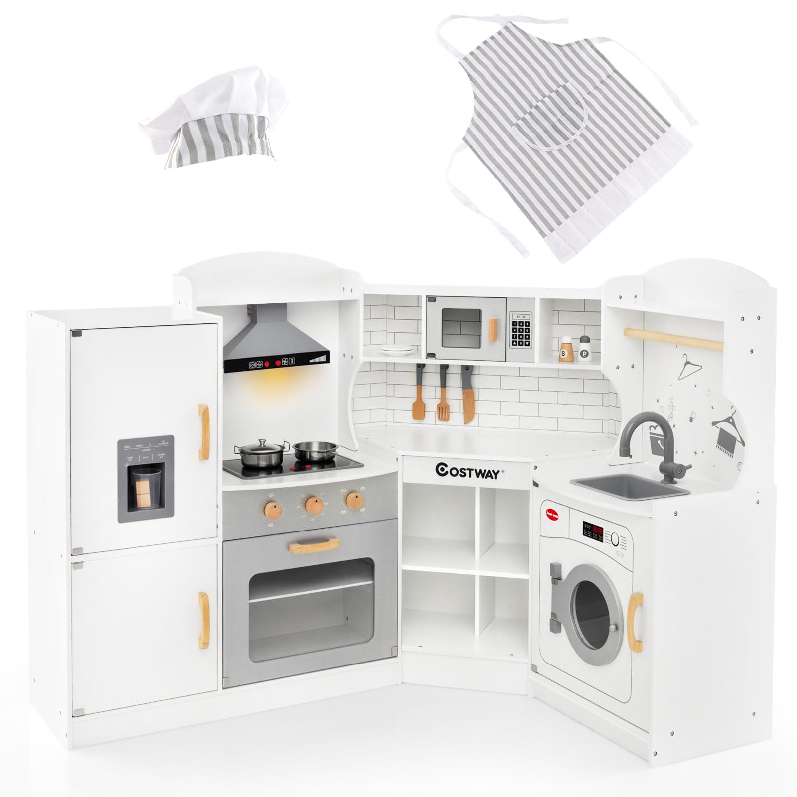 COSTWAY Cuisine Enfants en Bois avec Lumière & Effet Sonore, Jeu de Cuisine d'angle avec 14 Accessoires & Micro-Ondes, Espace de Stockage, Jouet d’Imitation pour 4 Enfants de 3-10 Ans (Blanc)