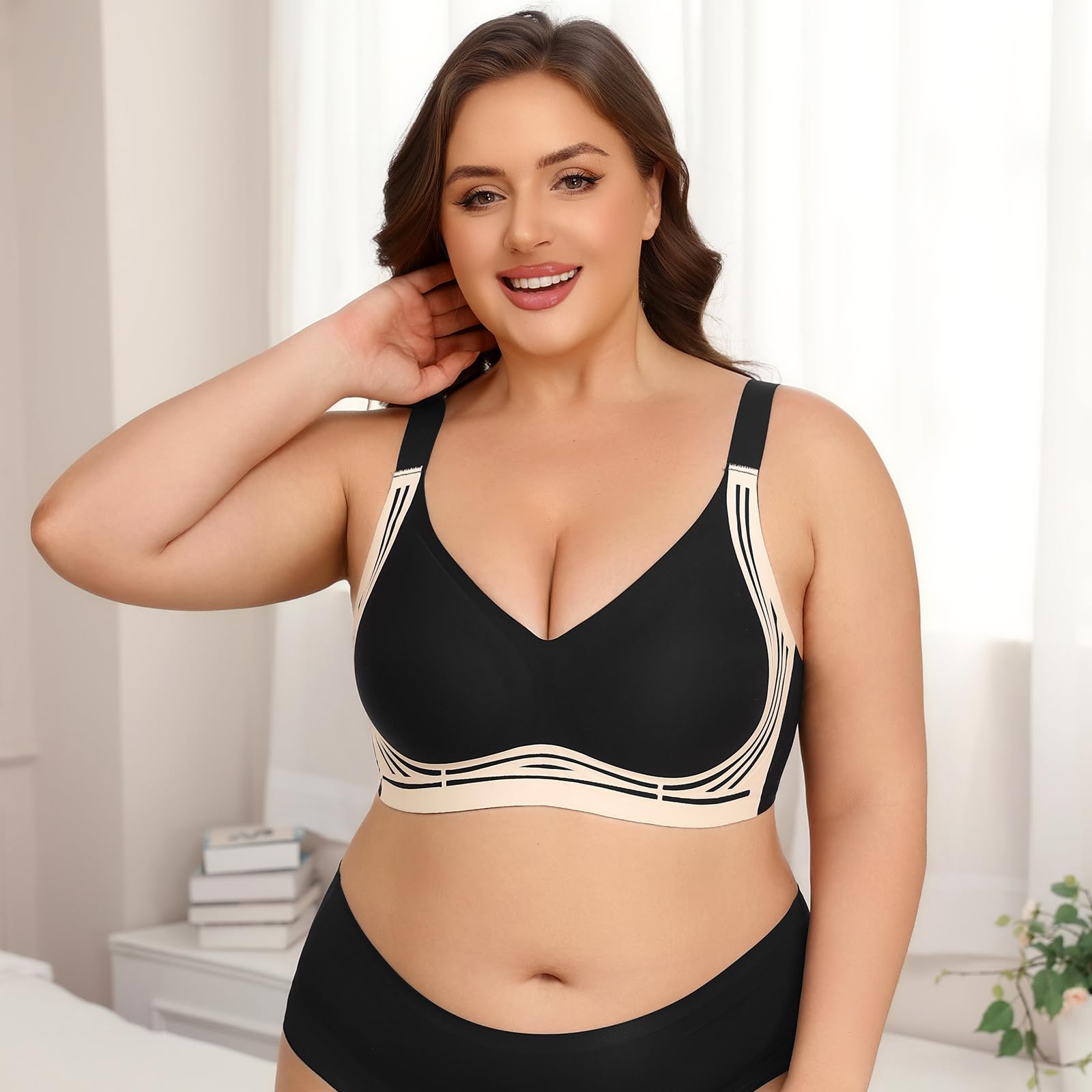 XJBTBA Biustonosze damskie Plus Size Biustonosz push-up bez fiszbin Pełne pokrycie Staniki podtrzymujące Wygodny bezprzewodowy biustonosz bez szwu Biustonosz damski na co dzień z wyjmowaną wyściółką