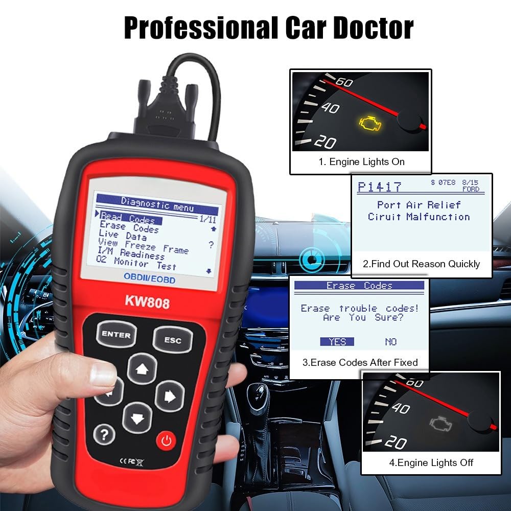 KW808 Professionnel OBDII/EOBD Voiture Diagnostic Scanner Outil - Lecteur de Code de Décodage de Décodage Détection OBD2 Compatible (AL519) Pour Tous Véhicules OBDII