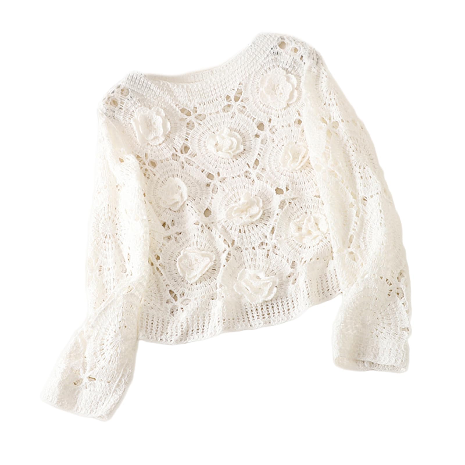 Crochet Hollowed Out Knit Sweater Crop Top for Women Soft Cotton Fabric Elegant Flower Long Sleeve Pullover Coverup