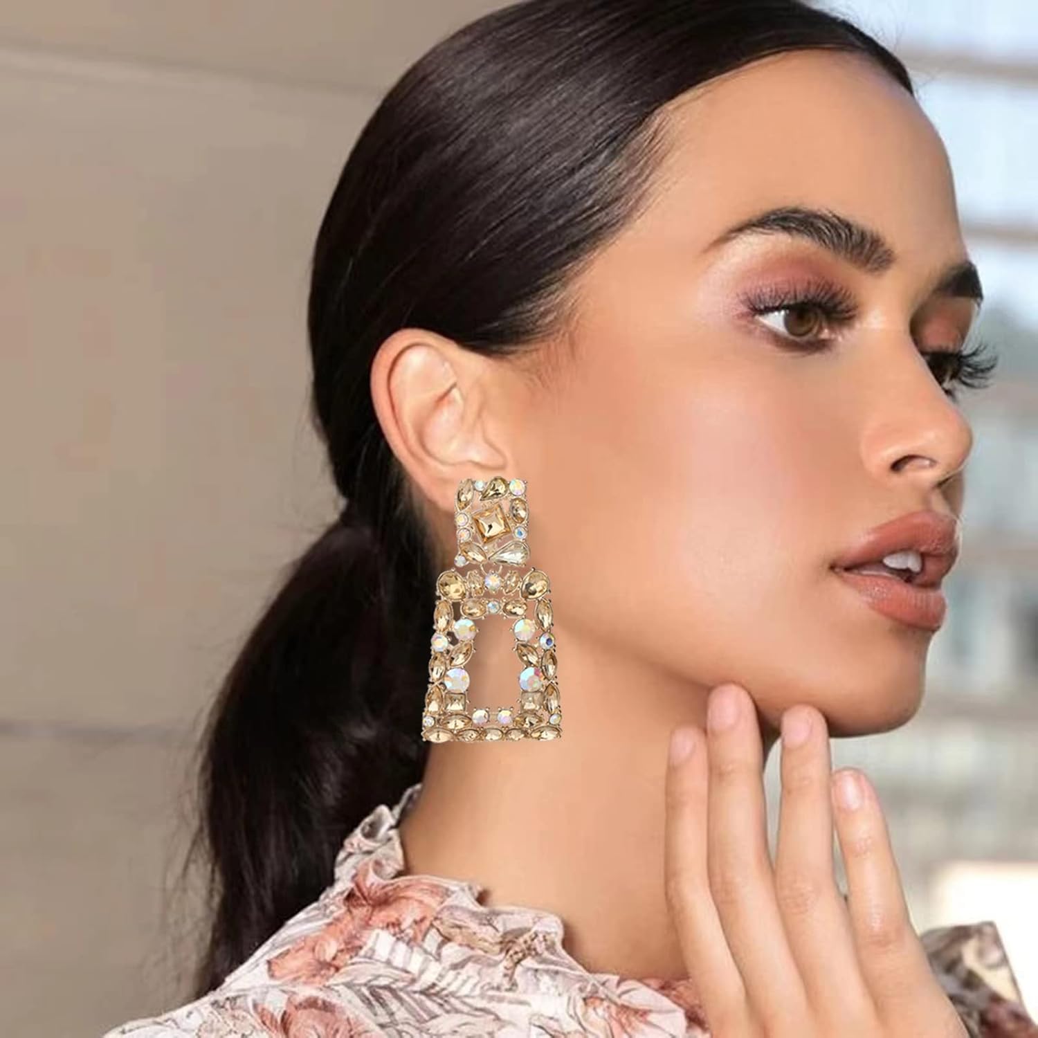 Rhinestone Rectangle Dangle Statement Earrings Trendy Crystal Geometric Drop Earrings hypoallergenic for Women - Image 3