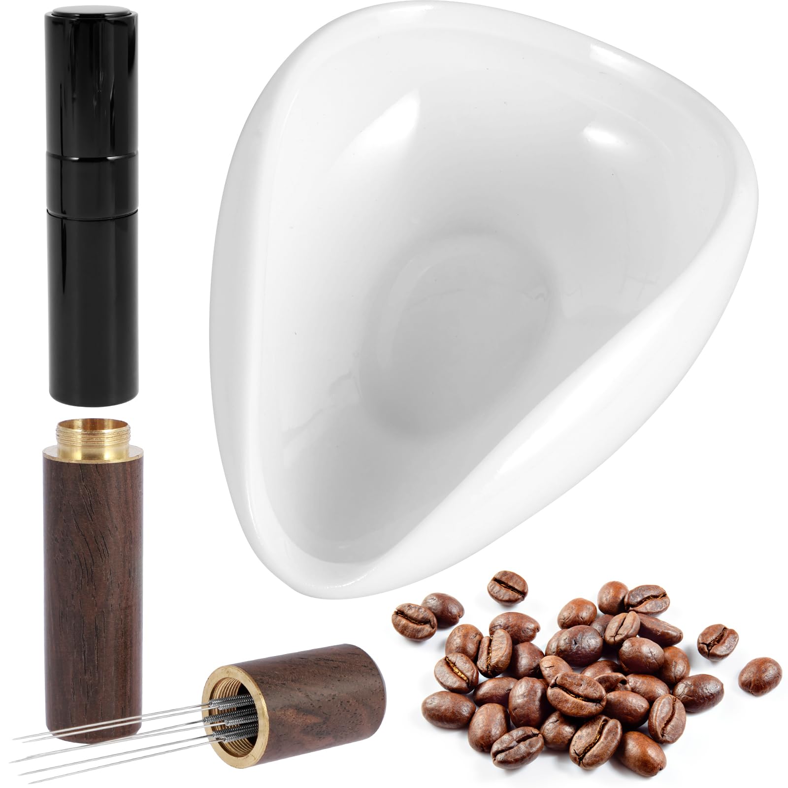 Coffee Bean Dosing Cup Spray Bottle Set Ceramic Dosing Vessel Tray with 6 Needles Espresso Distribution Tools Single Dose Measuring Tray Kit for Coffee Lover Coffee Bar(White)