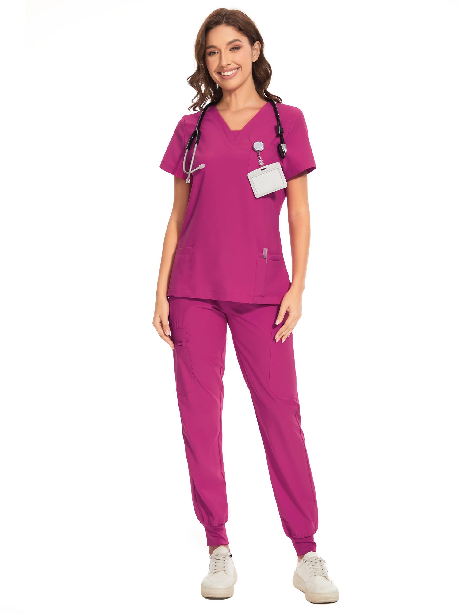 COZYFIT Scrubs for Women - V-Neck Top & Cargo Pants Scrubs Set with 10 Pockets