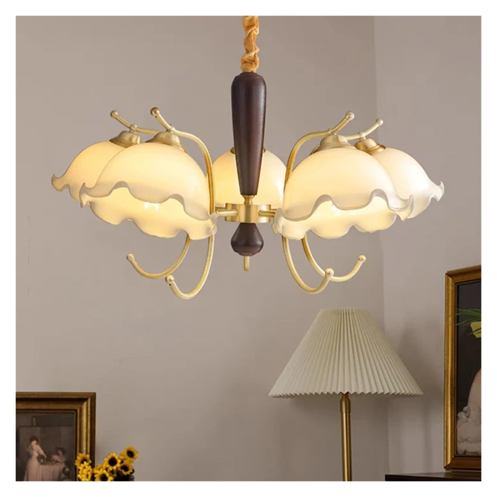 OLSKFUH French Cream Style Chandeliers Copper Walnut Flower Pendant Light Retro Living Room Restaurant Lights, Wall Sconces,Bianco-D65cm