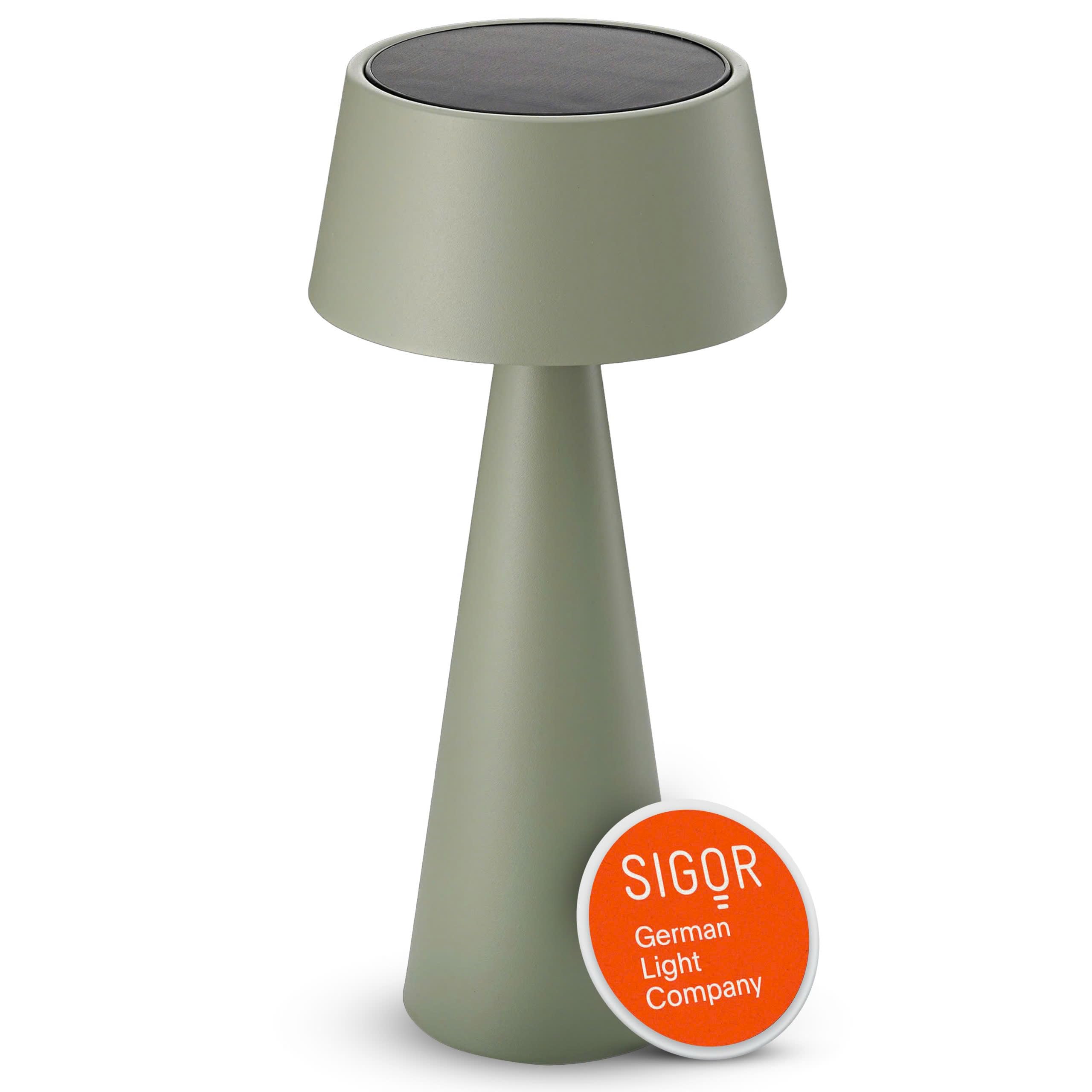 SIGOR Solino salbeigrün - Solar-LED Akku-Tischlampe mit Magnetgelenk & Doppelladefunktion (Solar & USB-C), dimmbar & kabellos, IP44 Outdoor-Tischleuchte, bis 6,5 h Leuchtdauer