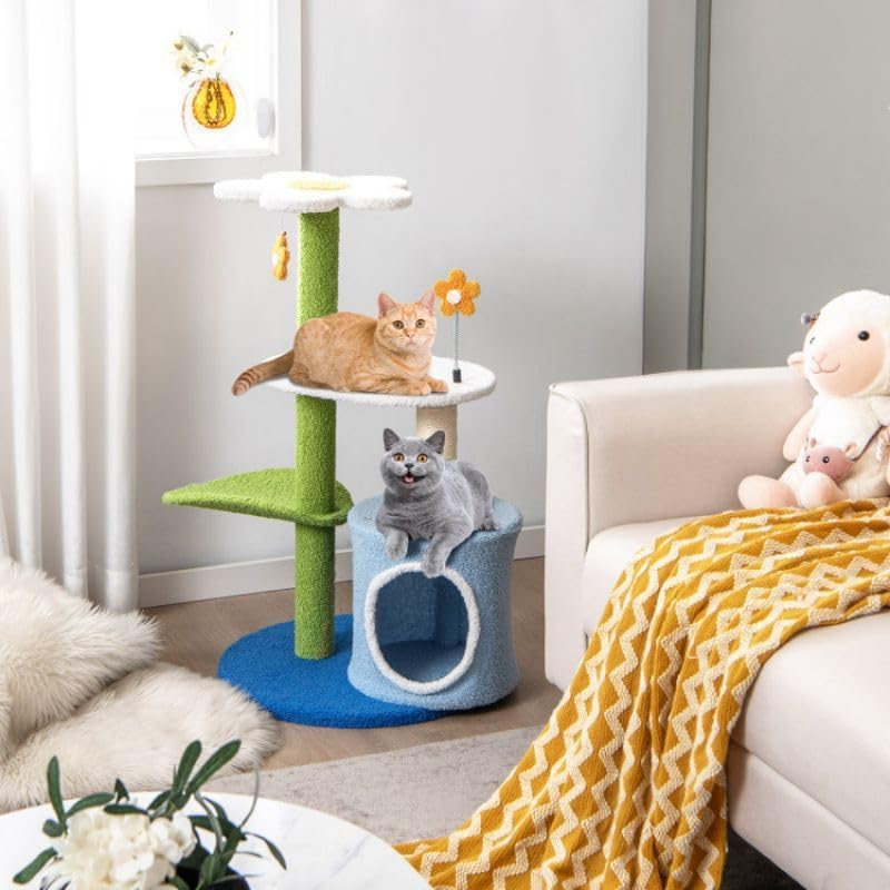 34.5 Inch 4-Tier Cute Cat Tree with Jingling Balls and Condo, Multi-Level Cat Tower, Interactive Play Center with Hanging Toys and Cozy Hideaway for Indoor Cats, Sturdy Base and Soft Plush Covering
