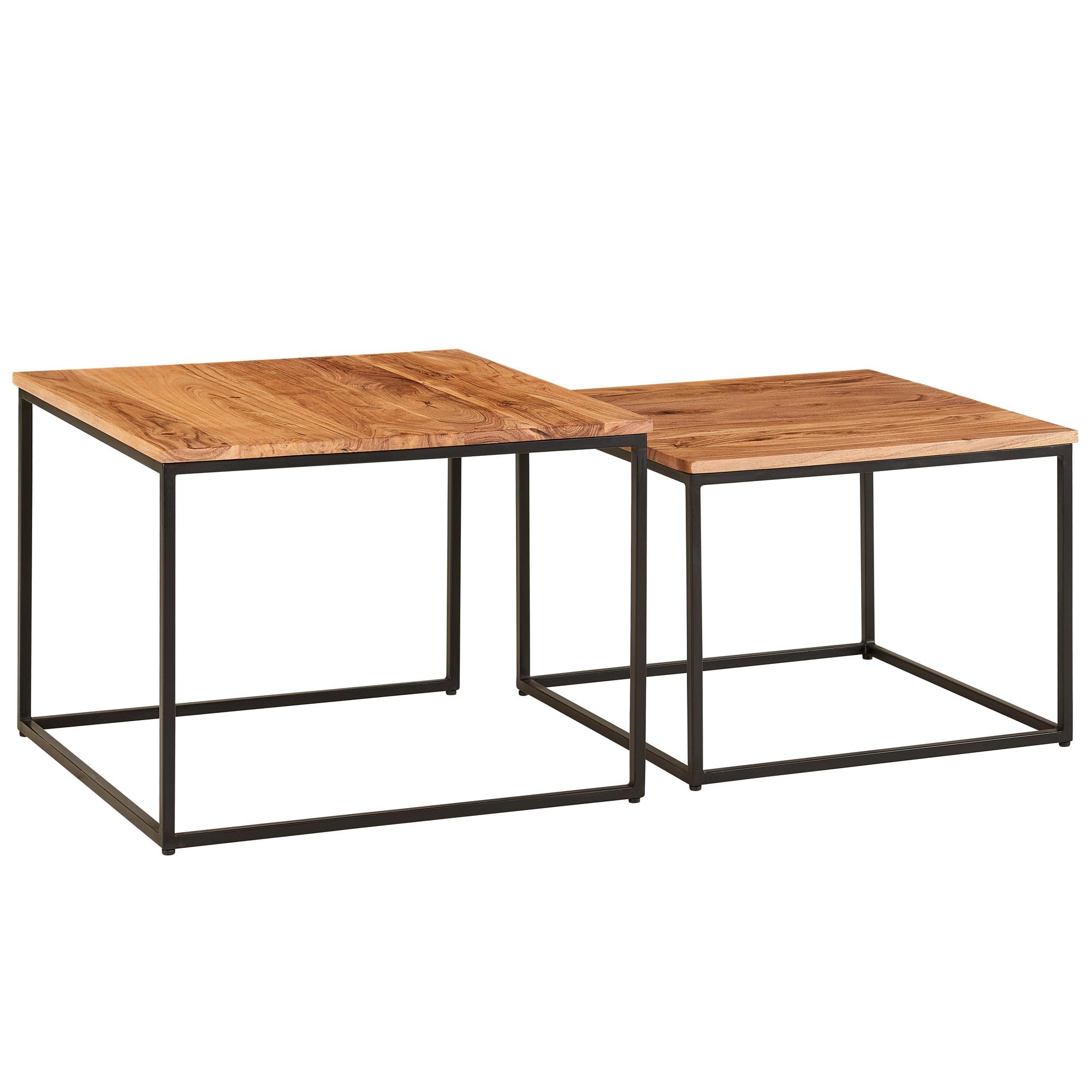 FineBuy Couchtisch 2er Set Akazie Massivholz quadratisch · Wohnzimmertisch Set mit schwarzem Metallgestell · Handgefertigte Beistelltische im modernen Industrial Design Satztisch Braun