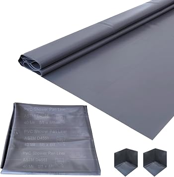 SINGFORM 40 mil Thickness 5 x 6 Shower Pan Liner with 2 Corner Dams | PVC Waterproofing Membrane Shower Pan & Base Sheet for Bathroom and Kitchen, Utra Durable, Grey