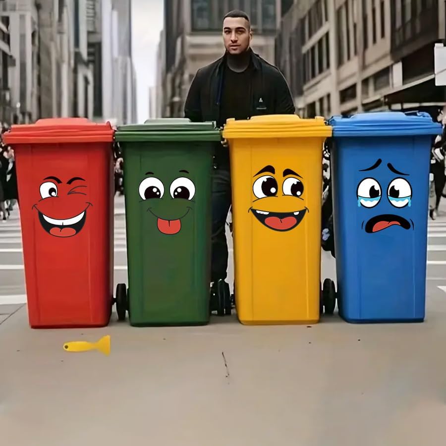4-Pack Cartoon Face Stickers - Removable Self-Adhesive Decals for Trash Cans, Walls, Fridge & Smooth Surfaces, Fun Decor to Cover Ugly Spots