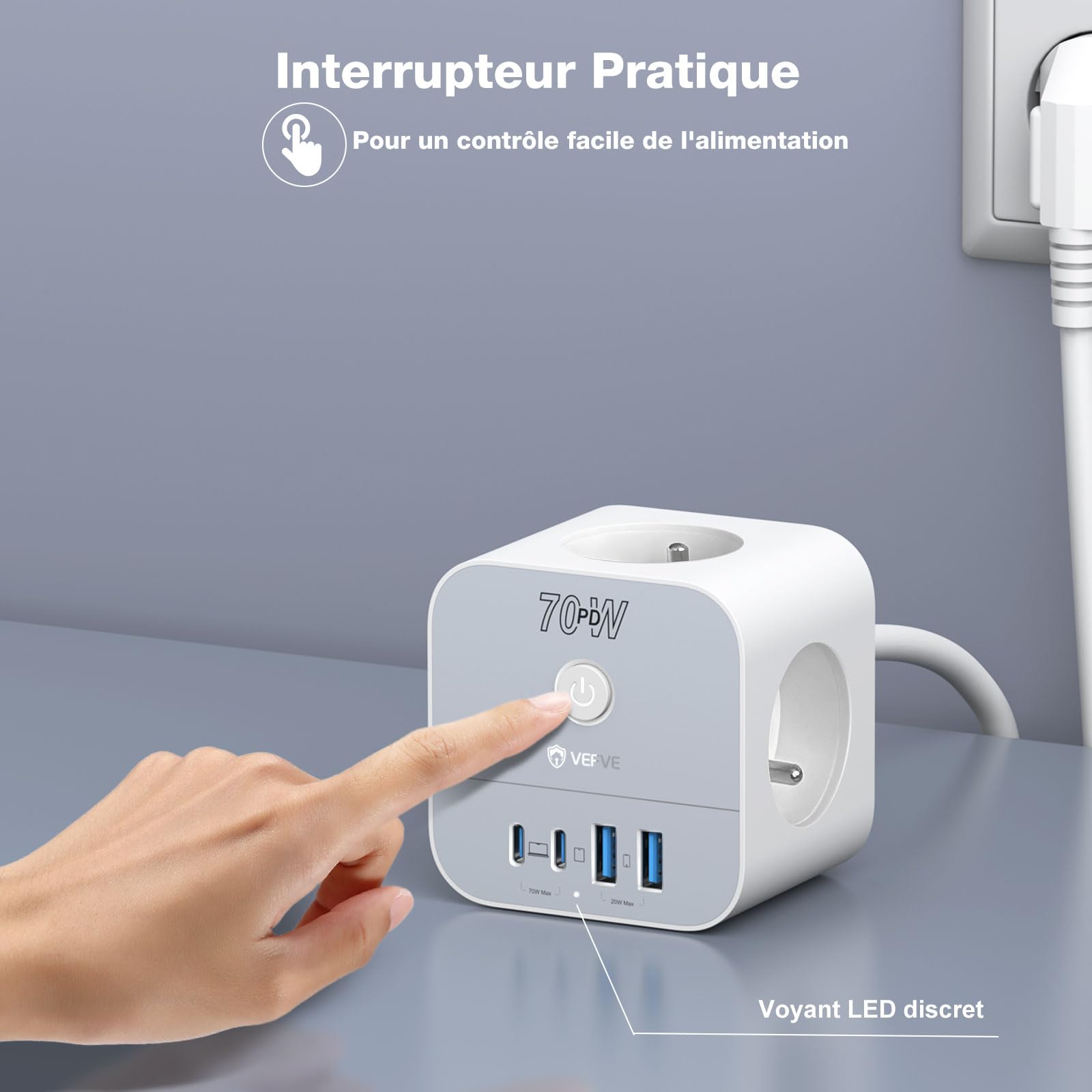 VEFVE Multiprise Cube 70W USB C GaN Blanc avec Rallonge 3m et Interrupteur