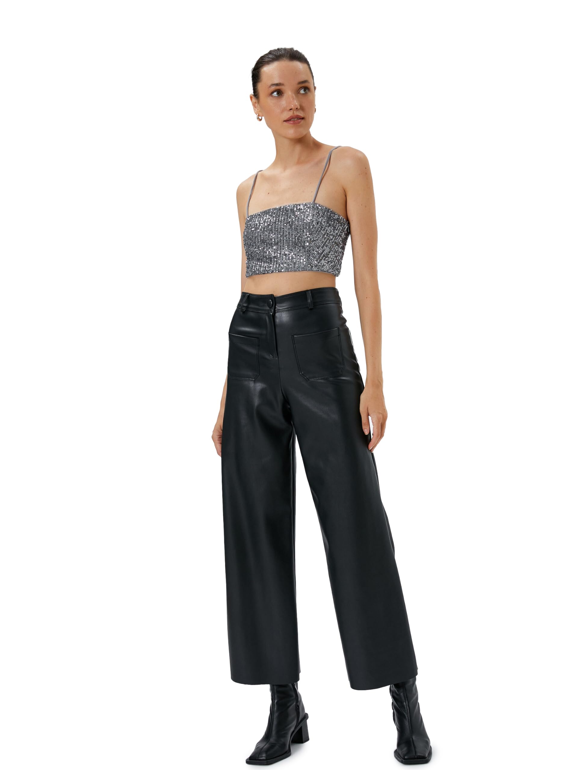 Koton Crop Tank Top Sequined Spaghetti Straps Slim Fit Camiseta para Mujer