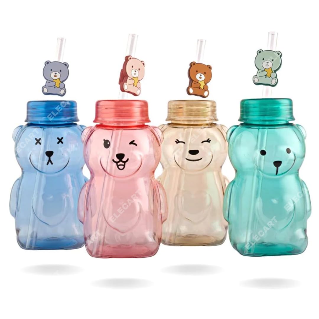 Elecart Teddy Bear Cartoon School Water Bottle for Kids with Dual Straw and Lock Cap, Cartoon Sipper for School Kids, BPA Free, Leak Proof Kids Sipper (430 ML, Assorted Color)-image-29